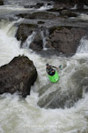 Unknown paddler threading his way through rapids on the River LLugwy, N. Wales.